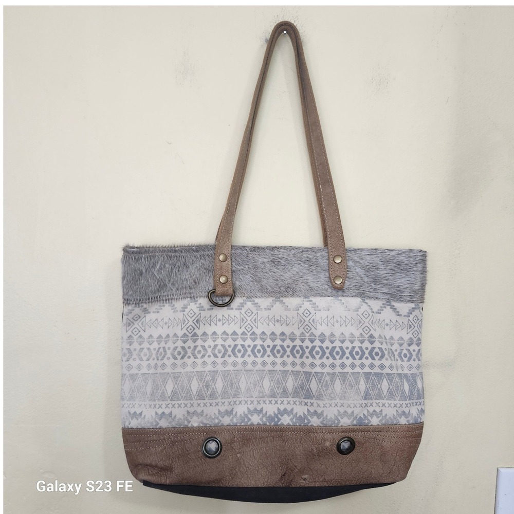 Myra Bag Tote Bag Womens Large Brown Gray Canvas Cowhide Leather Tribal Aztec
